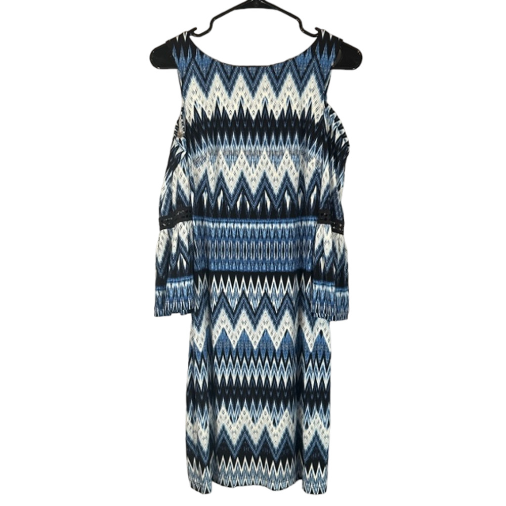 Eliza J Blue & White Geo Multicolor Cold Shoulder Flirty Dress Women Sz 8
